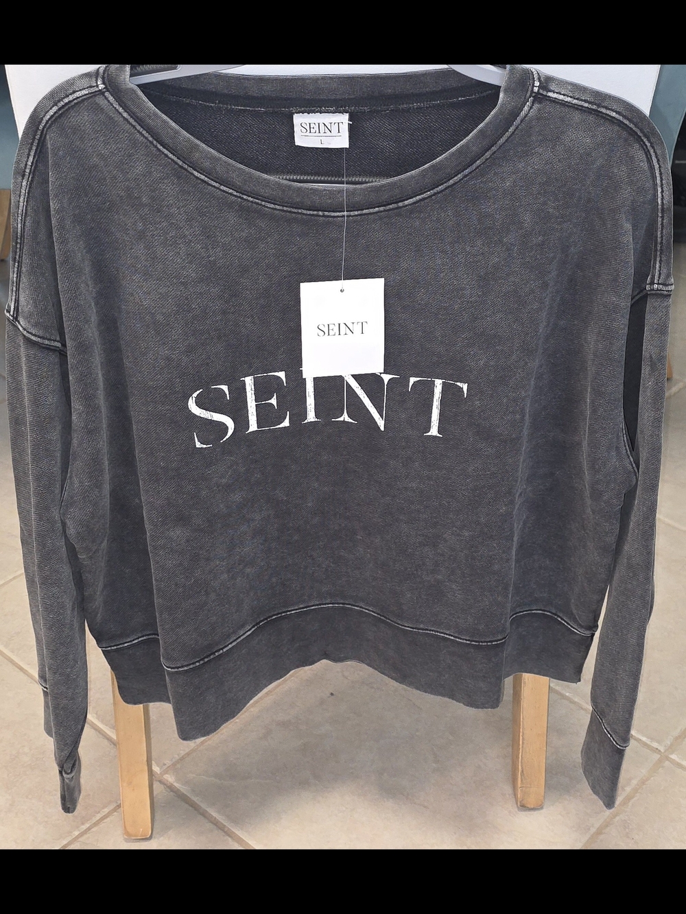SEINT Washed Black Logo Crewneck Sweater - Women